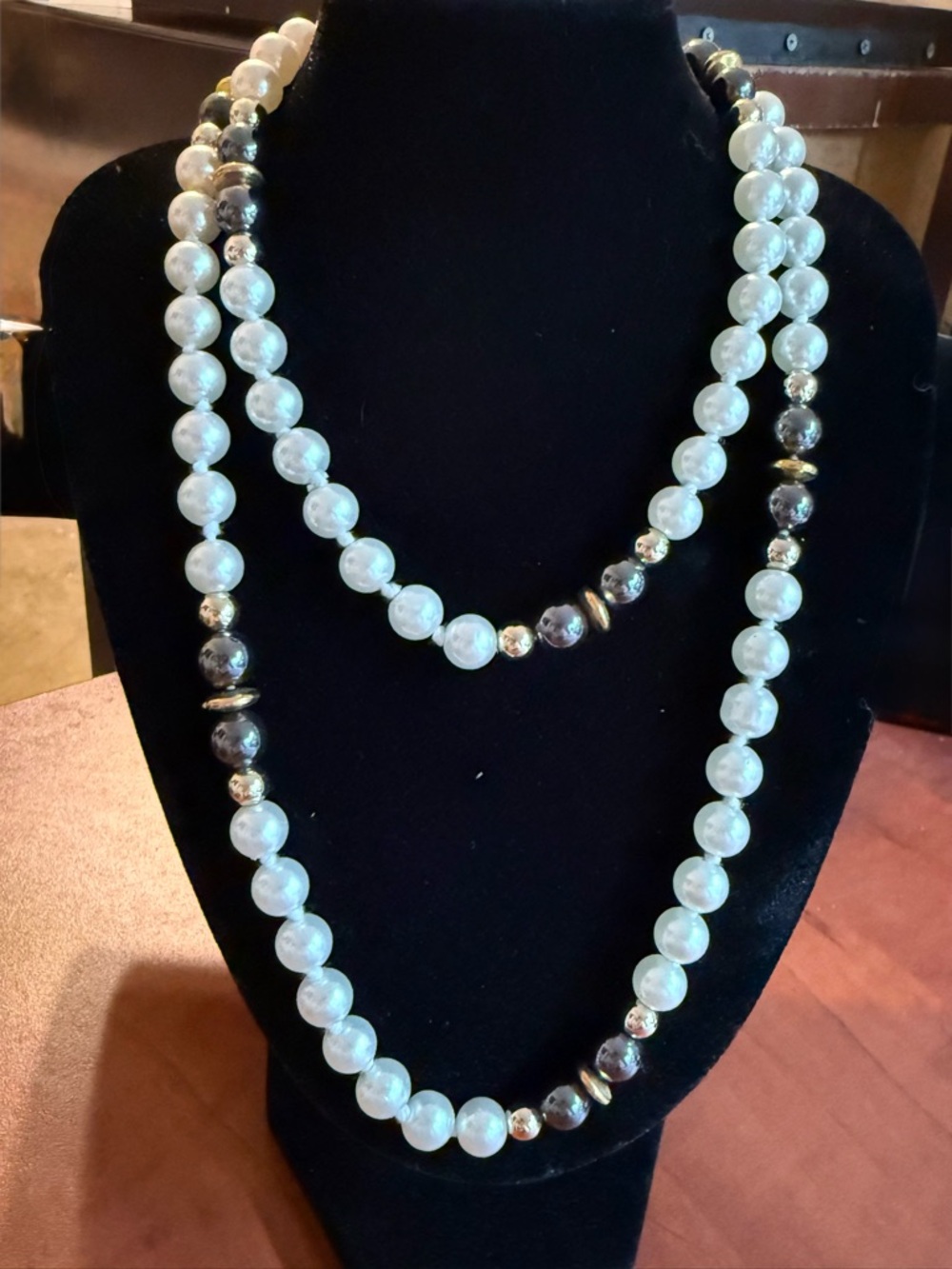 Elegant -Strand White & black Pearl Necklace with Silver/Gold Accents
